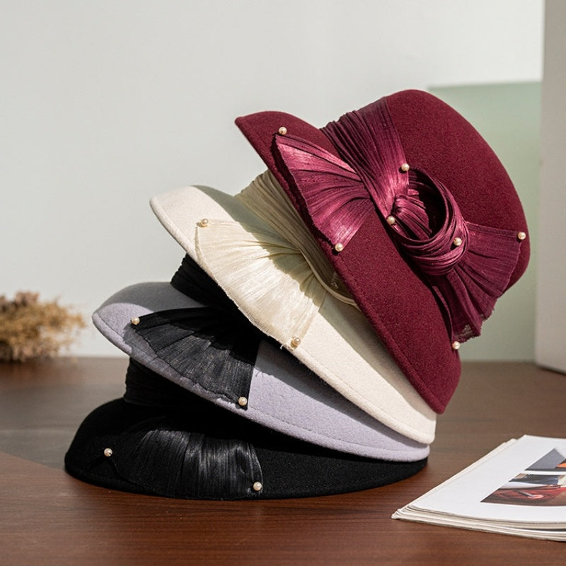 Felt Top Hat with Linen Bow and Pearl