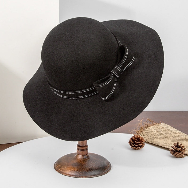 Felt Wide Brim Top Hat with Bow Webbing Decoration