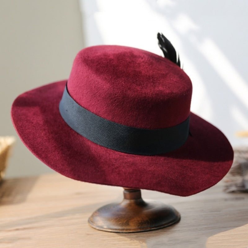 Felt Flat Roof Wide Brim Top Hat with Bow Webbing and Feather