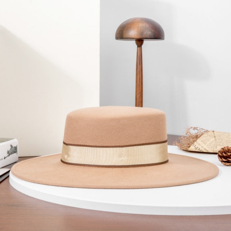 French Style Felt Wide Brim Top Hat With Bow Webbing