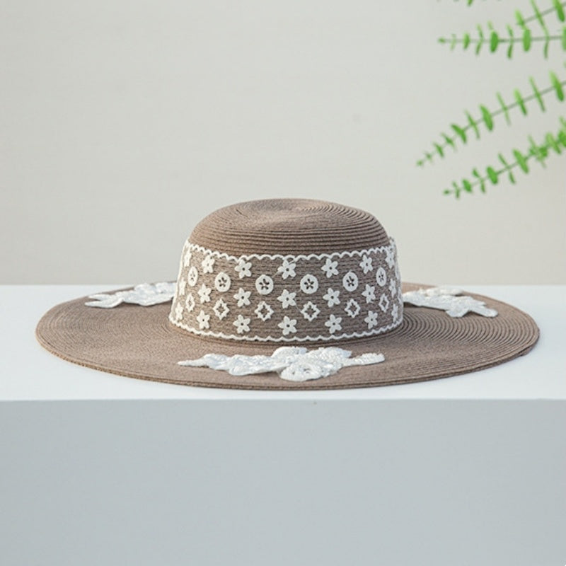 Wide Brim Straw Hat with Lace Decorative Strip and Lace Embroidery Patch