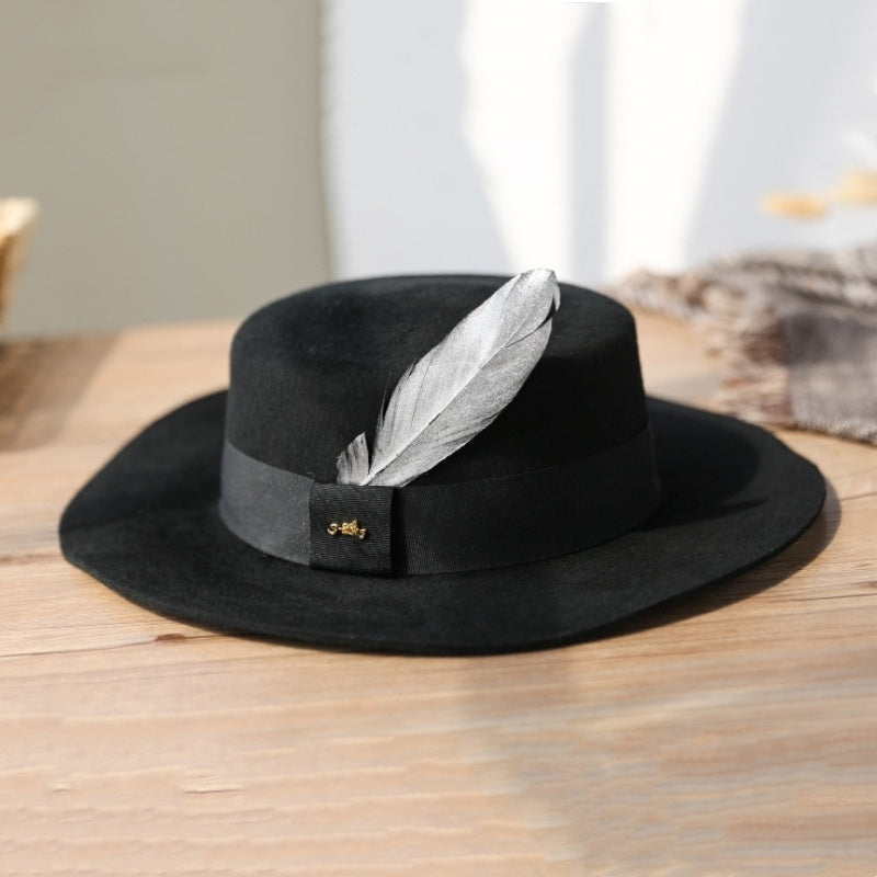 Felt Flat Roof Wide Brim Top Hat with Bow Webbing and Feather