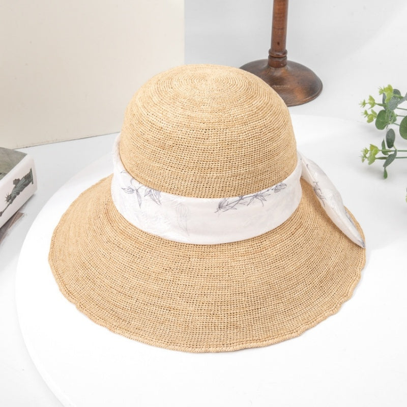 Straw Hat Sun Hat with Printed Bow