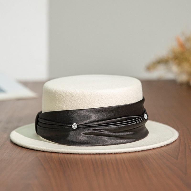 Felt Flat Top Hat with Bow Webbing and Crystal