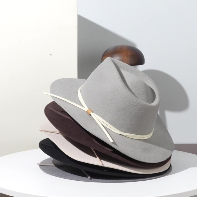 Felt Top Hat with Wooden Beads Bow Webbing