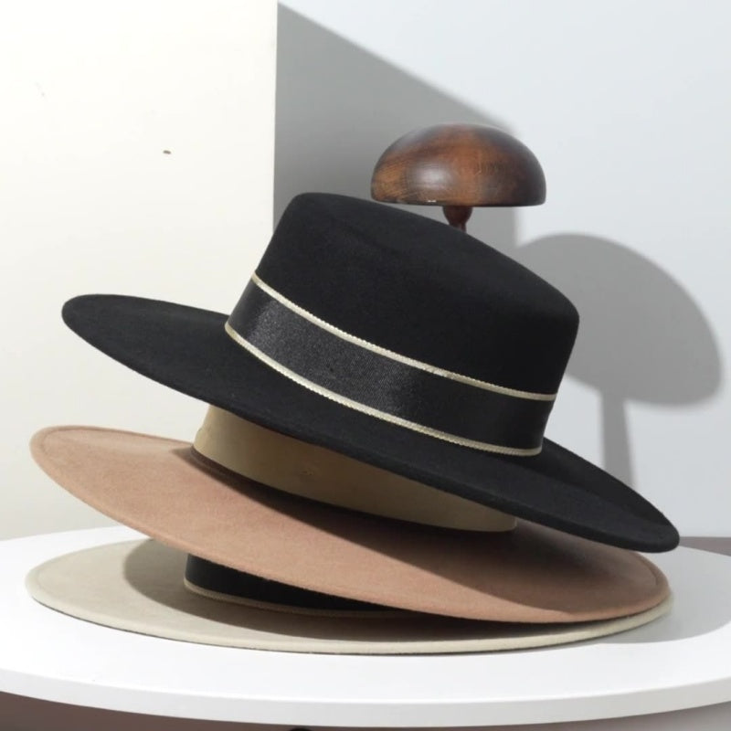 French Style Felt Wide Brim Top Hat With Bow Webbing