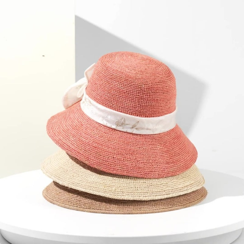 Sun Hat Straw Hat with Printed Bow