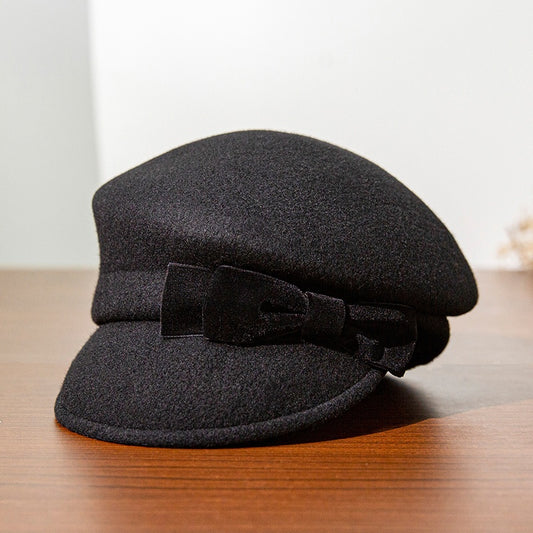 Felt Equestrian Newsboy Hat with Velvet Bow Decoration
