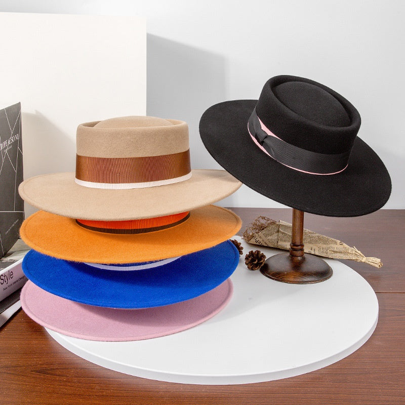 Felt Wide Brim Top Hats with Bow Webbing
