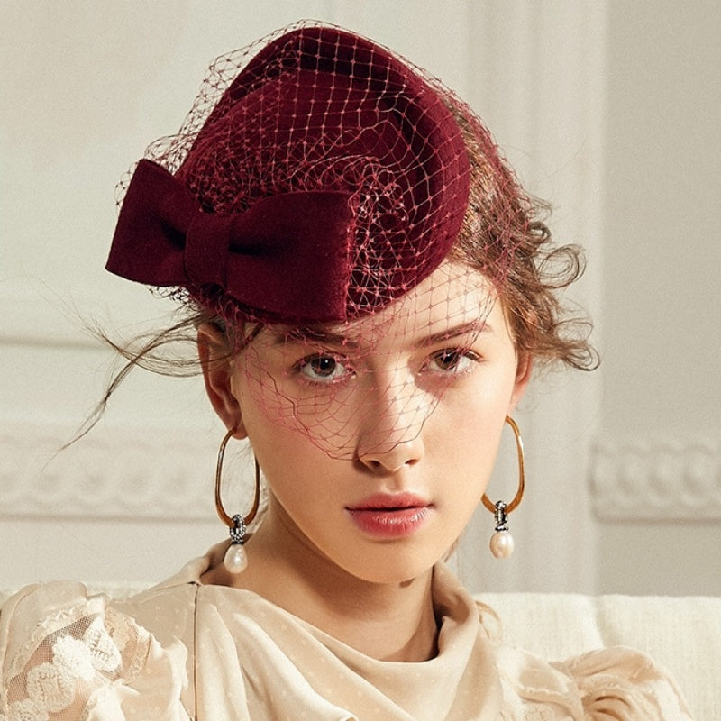 Felt Pillbox Hat with Bow and Veil
