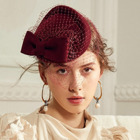 Felt Pillbox Hat with Bow and Veil