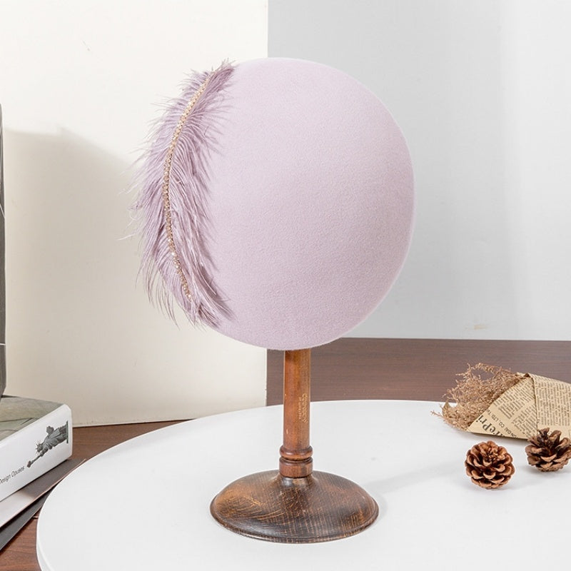 Felt Pillbox Hat with Crystal and Feather Decorations
