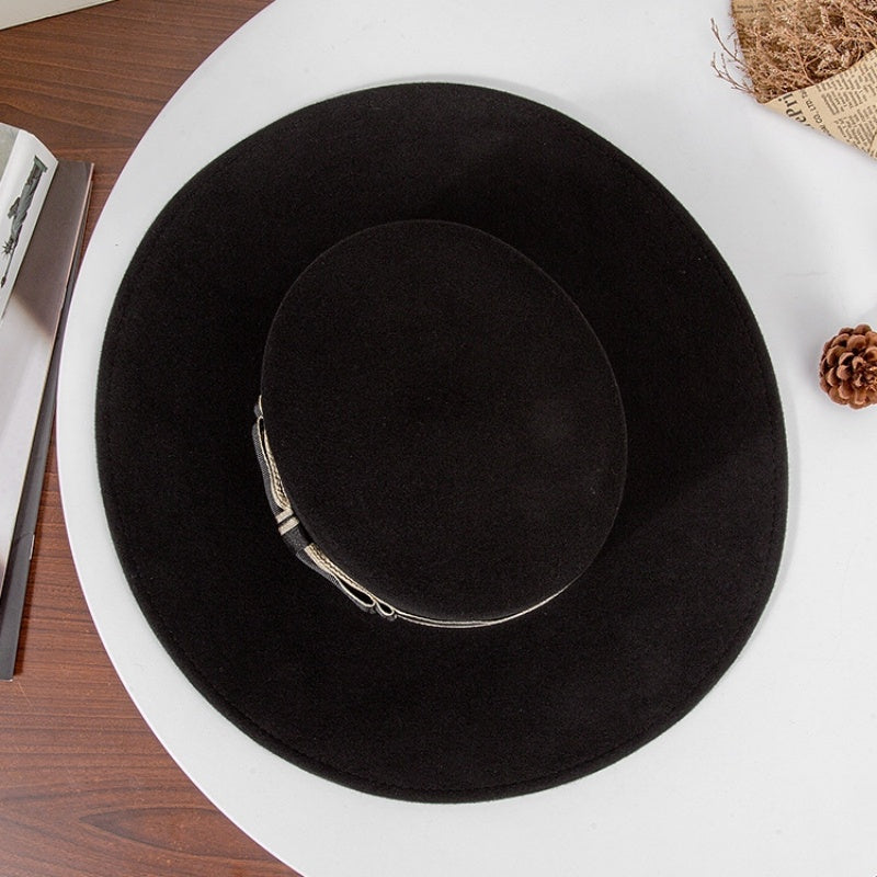 French Style Felt Wide Brim Top Hat With Bow Webbing