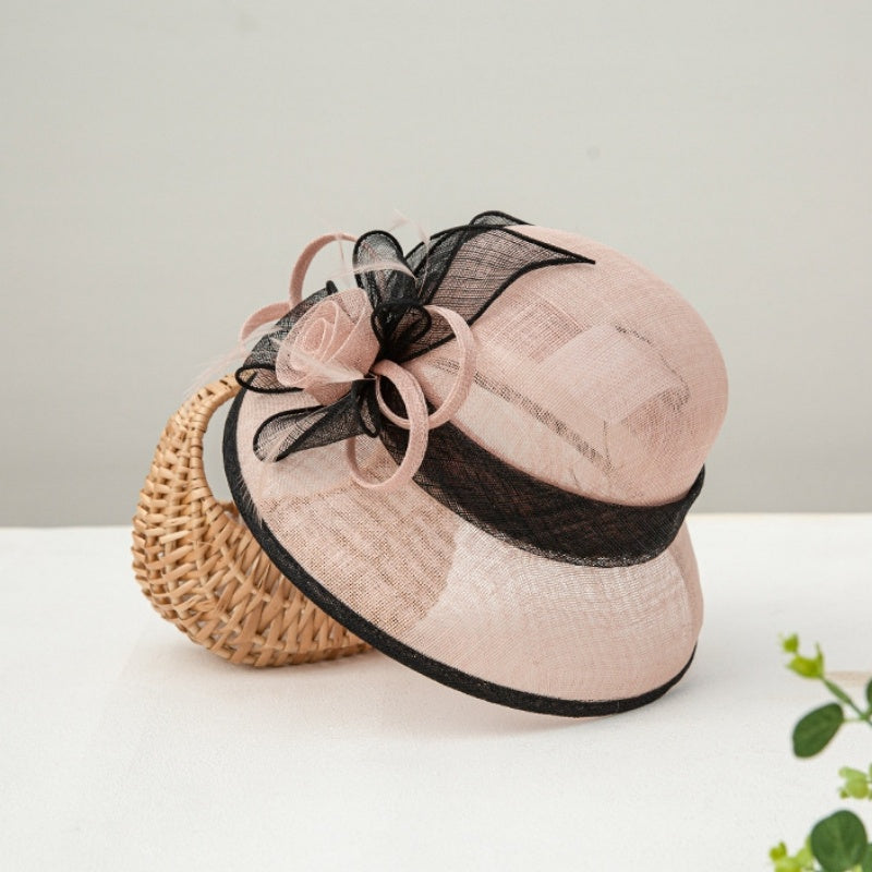 Multicolored Top Hat Rolled Edge with Handmade Linen Yarn Flowers