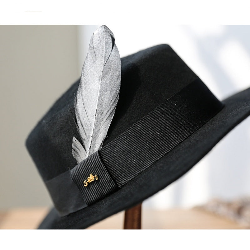 Felt Flat Roof Wide Brim Top Hat with Bow Webbing and Feather