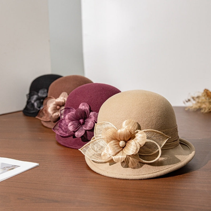 Felt Rolled Edge Top Hat with Camellia Decoration