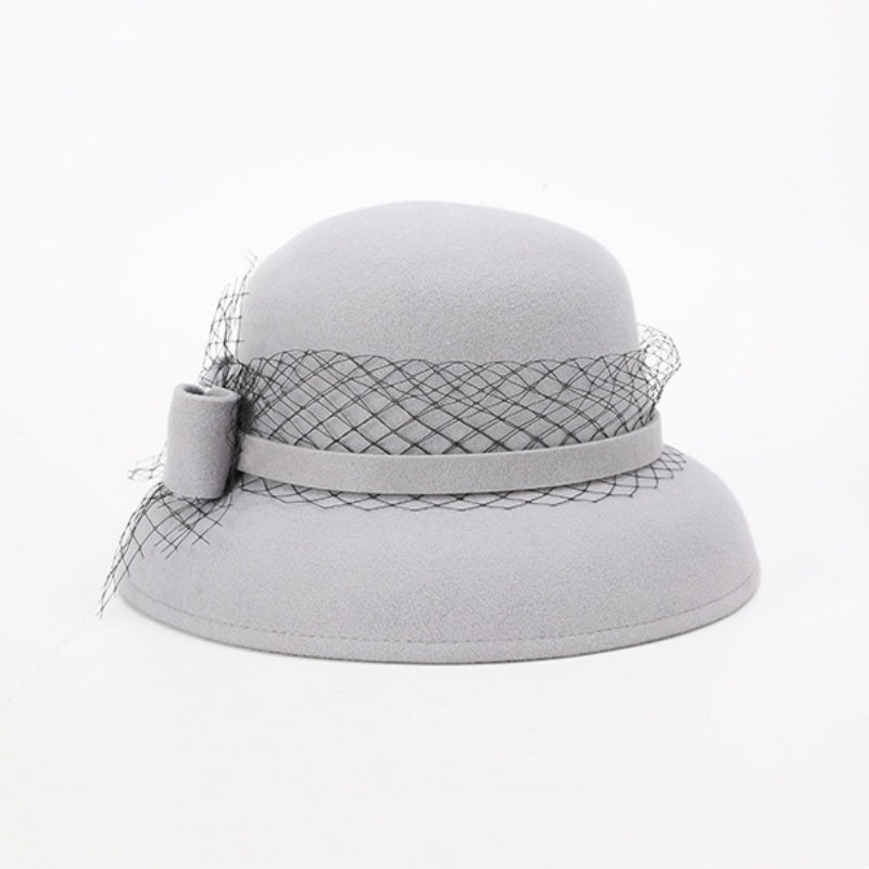 Felt Top Hat Rolled Edge with Net Gauze Pearl Bow