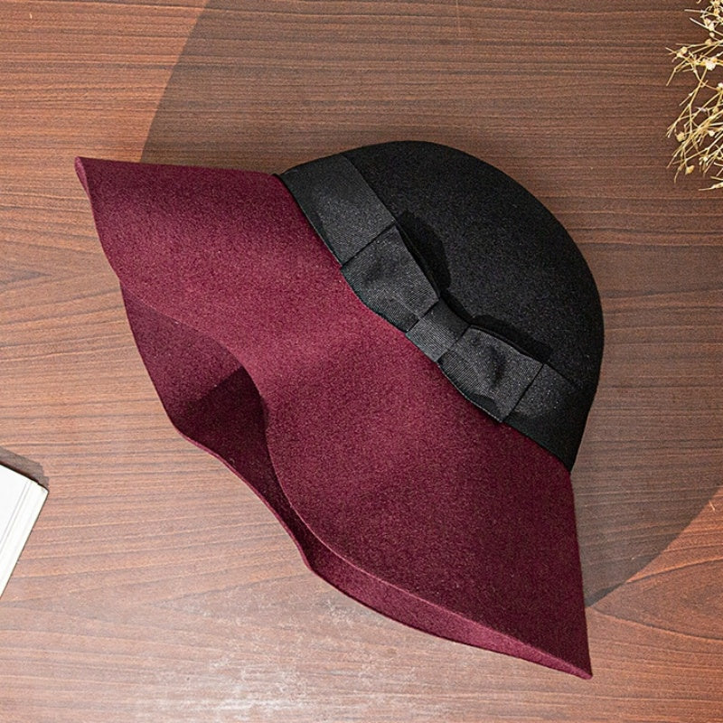 Black and Red Patchwork Felt Top Hat with Bow Webbing