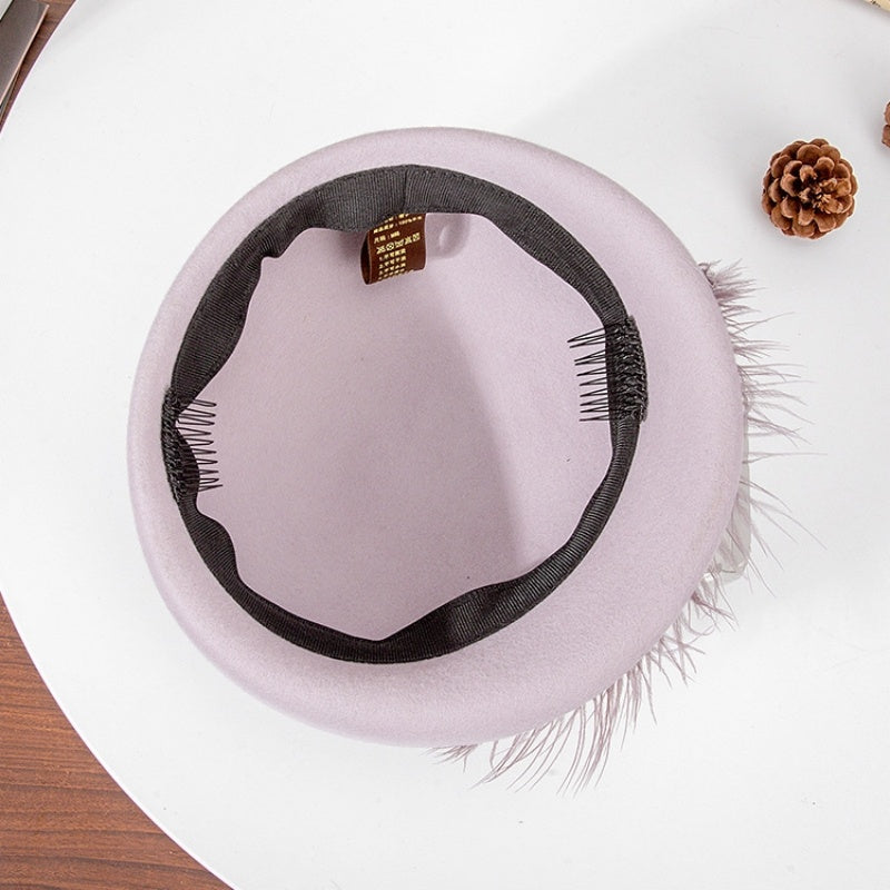 Felt Pillbox Hat with Crystal and Feather Decorations