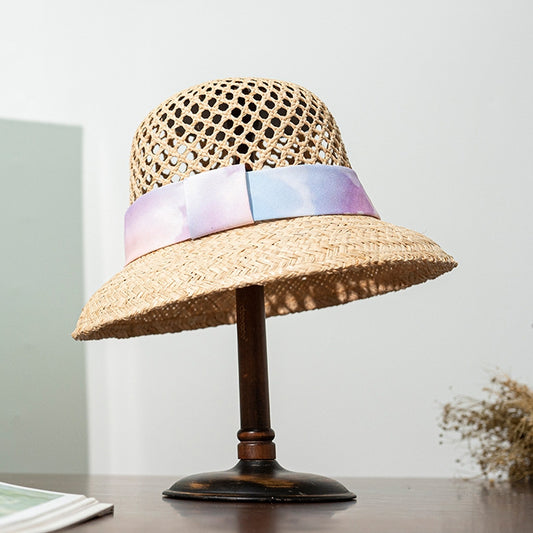 Straw Hollowed-out Sun Hat with Printed Webbing