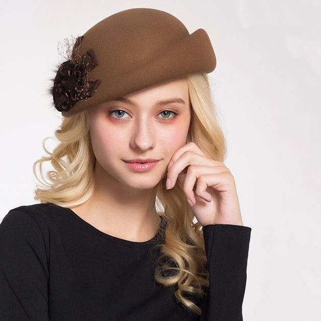 Felt Rolled Edge Beret with Flower Decoration