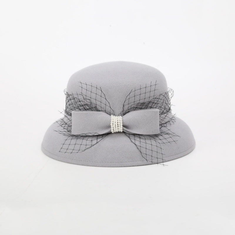 Felt Top Hat Rolled Edge with Net Gauze Pearl Bow