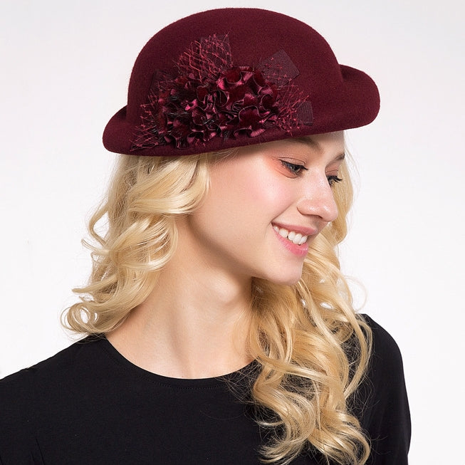 Felt Rolled Edge Beret with Flower Decoration