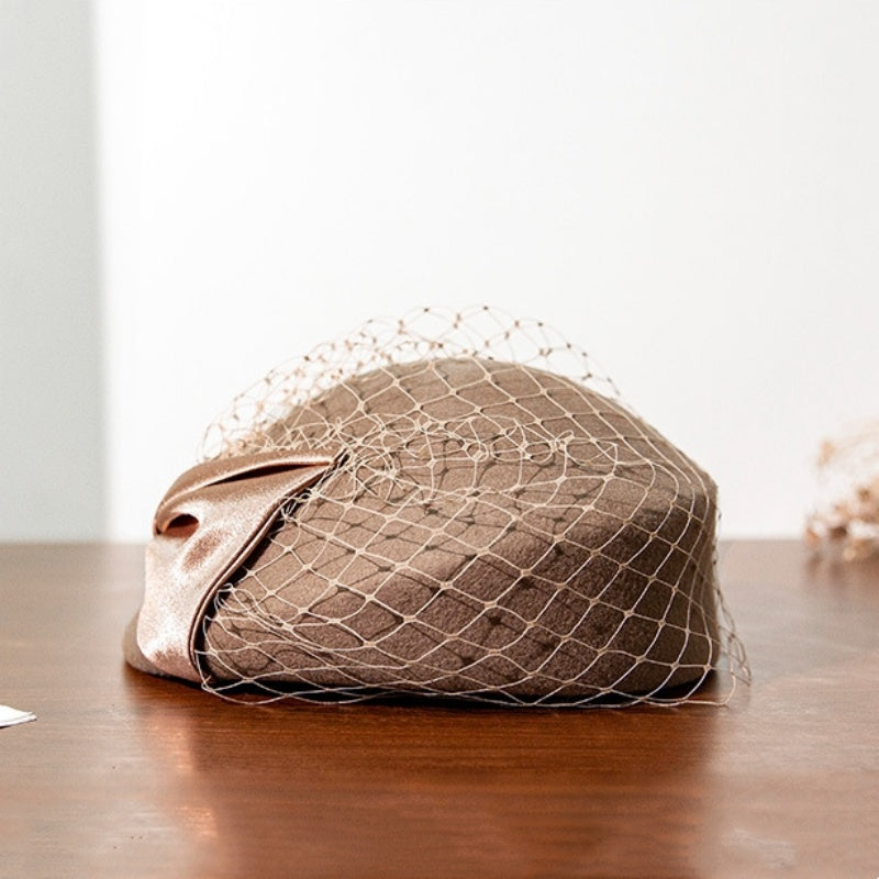 Felt Beret Pillbox Hat with Bow and Lace