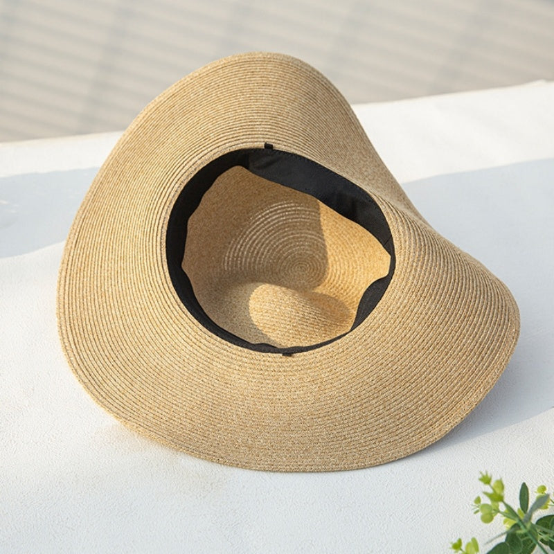 Wide Brim Straw Hat with Lace Decorative Strip and Lace Embroidery Patch