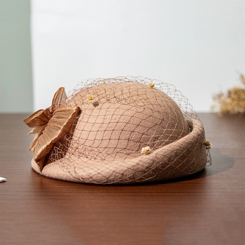 Felt Beret with Pearl Flower and Lace