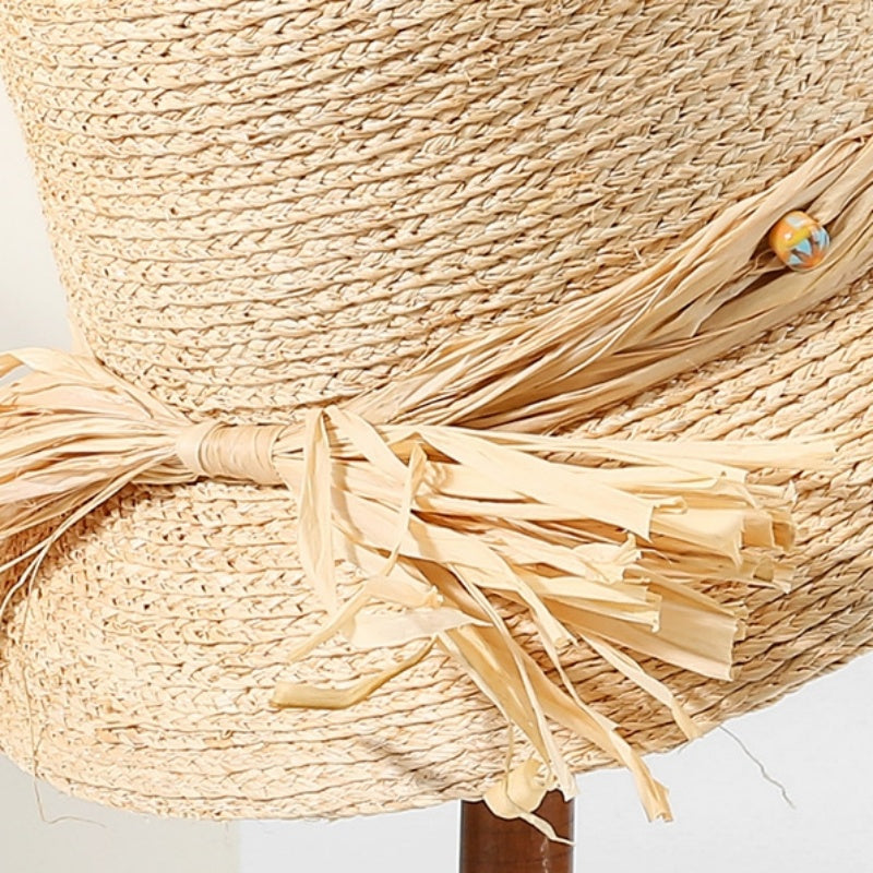 Sun Hat Straw Hat with String Beads and Bow