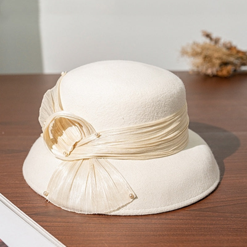 Felt Top Hat with Linen Bow and Pearl