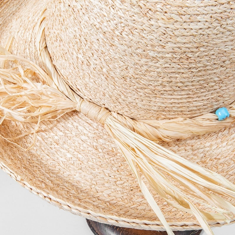 Rolled Edge Sun Hat Straw Hat with String Beads and Bow