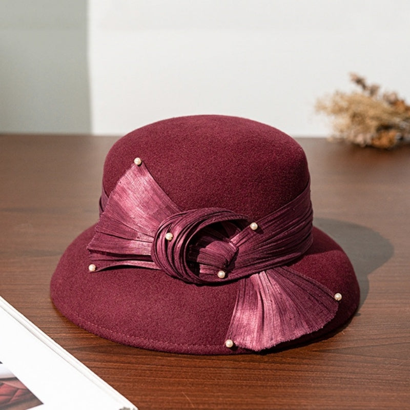 Felt Top Hat with Linen Bow and Pearl