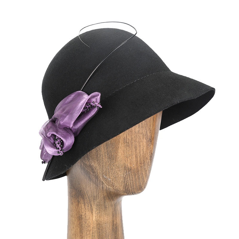 Felt Domed Top Hat with Purple Flower Decoration