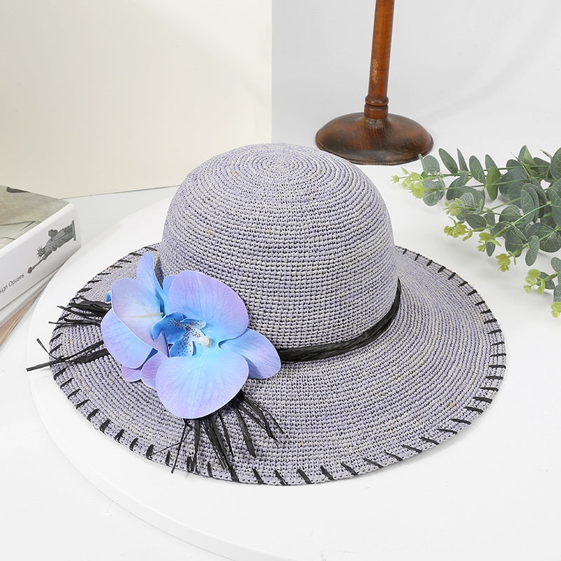 Sun Straw Hat with Phalaenopsis Decoration