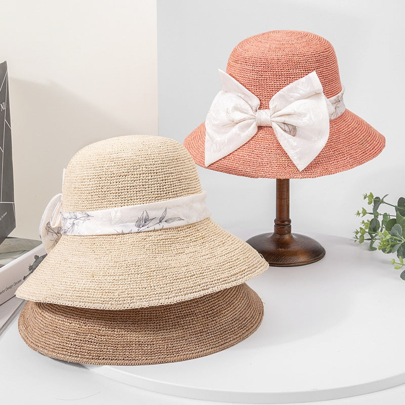 Sun Hat Straw Hat with Printed Bow