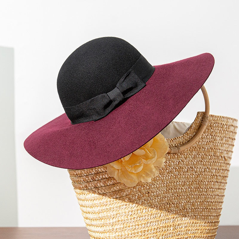 Black and Red Patchwork Felt Top Hat with Bow Webbing
