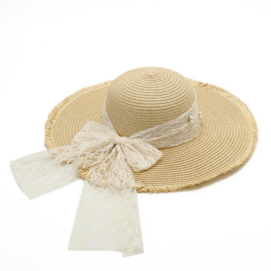 Foldable Straw Hat with Bead Decoration