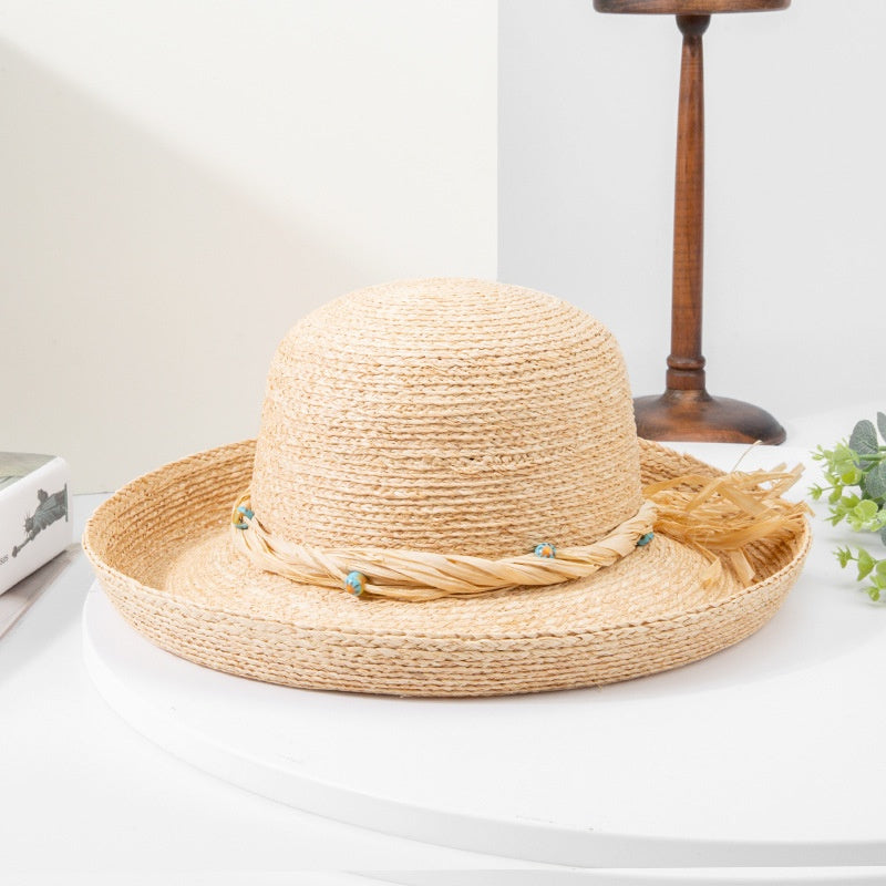 Rolled Edge Sun Hat Straw Hat with String Beads and Bow