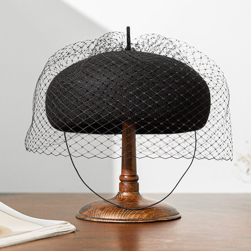 Felt Beret with Grid Veil