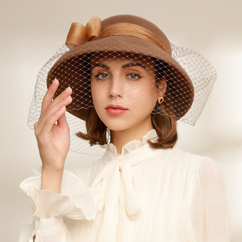 Felt Wide Brim Top Hat with Bow and Veil