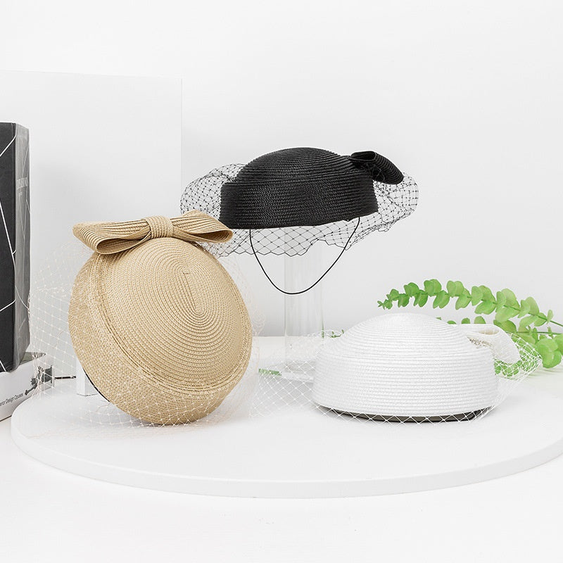 Straw Beret with Bow and Veil