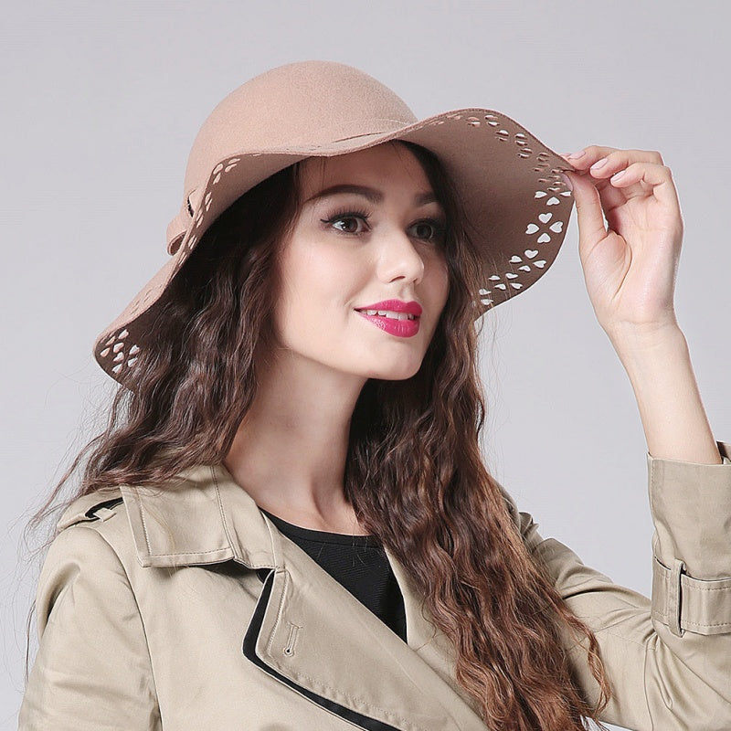 Felt Wide Brim Top Hat with Hollowed-out and Bow Webbing