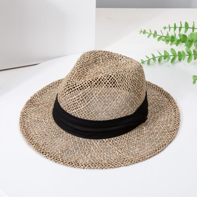 Straw Hollowed-out Hat Sun Hat with Black Decorative Band