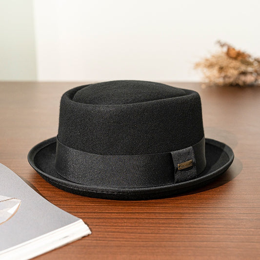 Black Felt Rolled Brim Top Hat with Webbing Decoration