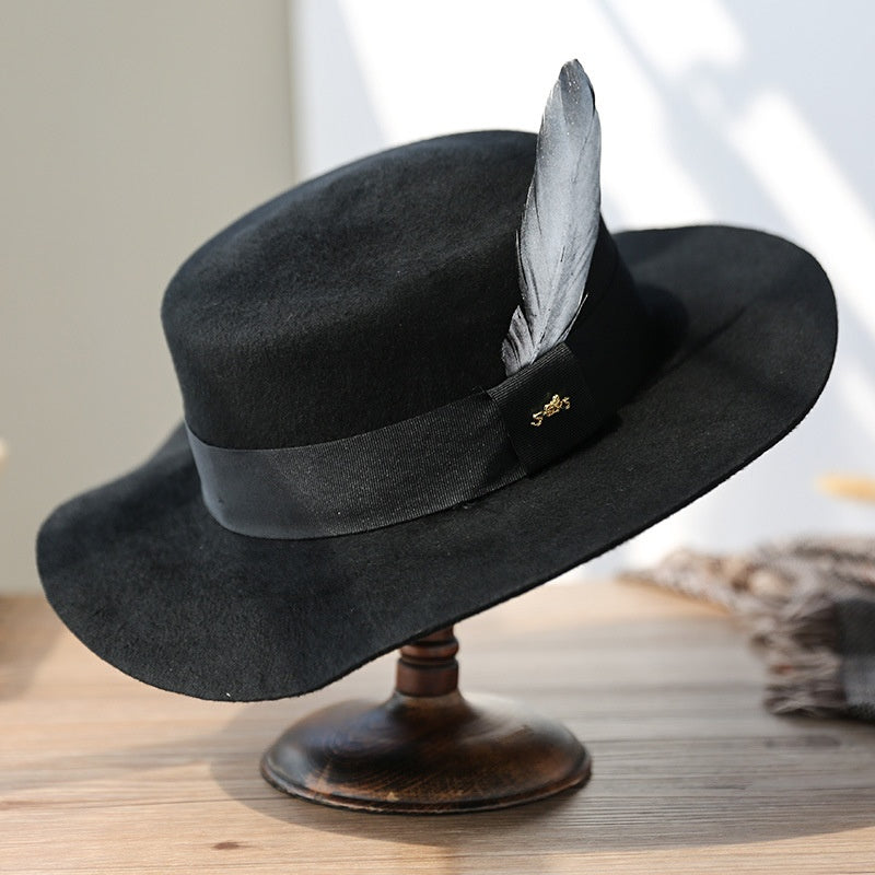 Felt Flat Roof Wide Brim Top Hat with Bow Webbing and Feather