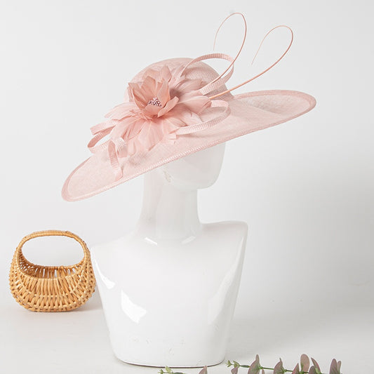 Wide Brim Top Hat with Feather Flower Decoration