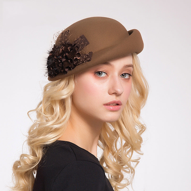 Felt Rolled Edge Beret with Flower Decoration