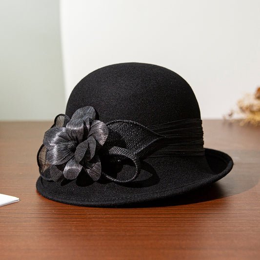 Felt Rolled Edge Top Hat with Camellia Decoration
